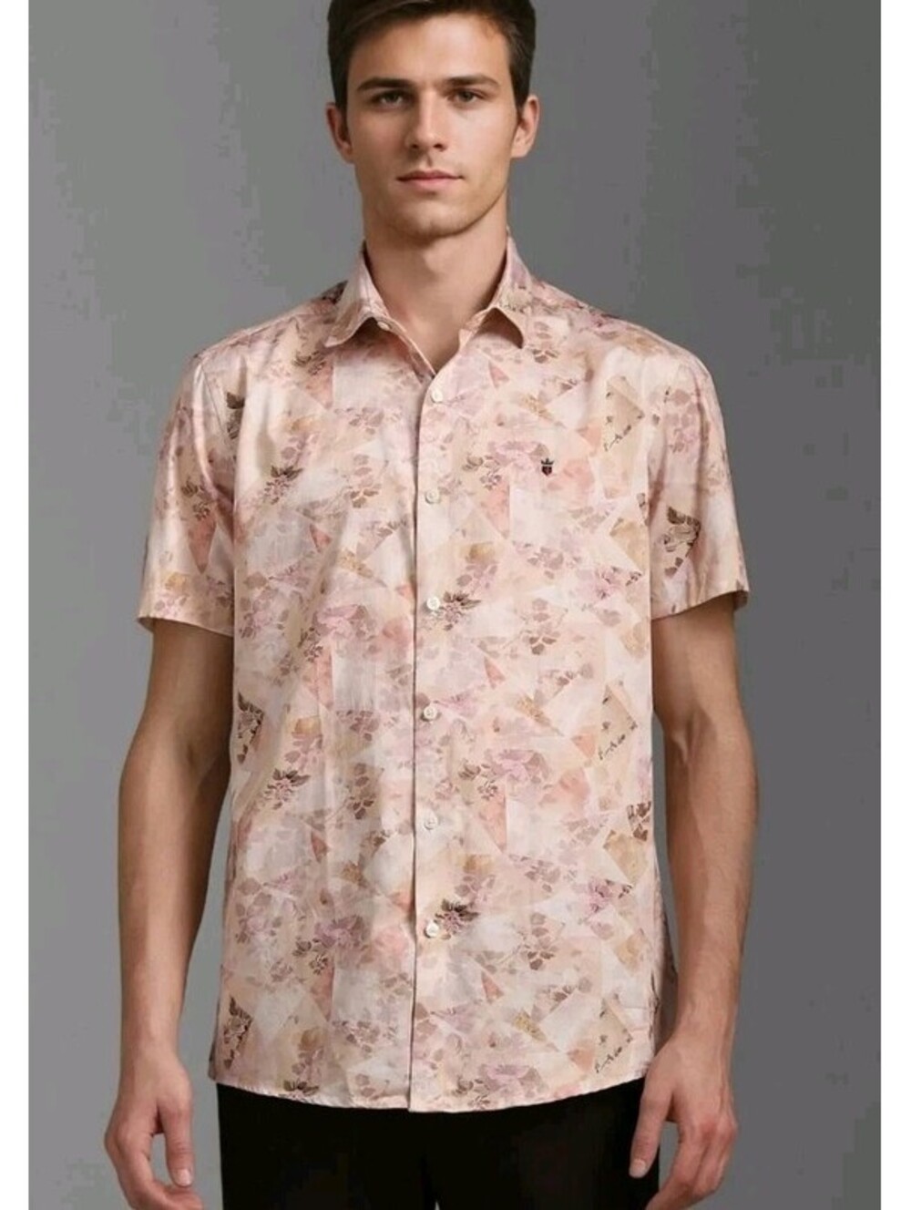 Louis Philippe Beige Cotton Slim Fit Printed Shirt Button up Sz 40